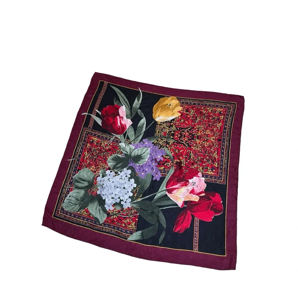 Adrienne Vittadini Silk Floral Tulip Scarf Burgundy Red Garden Print